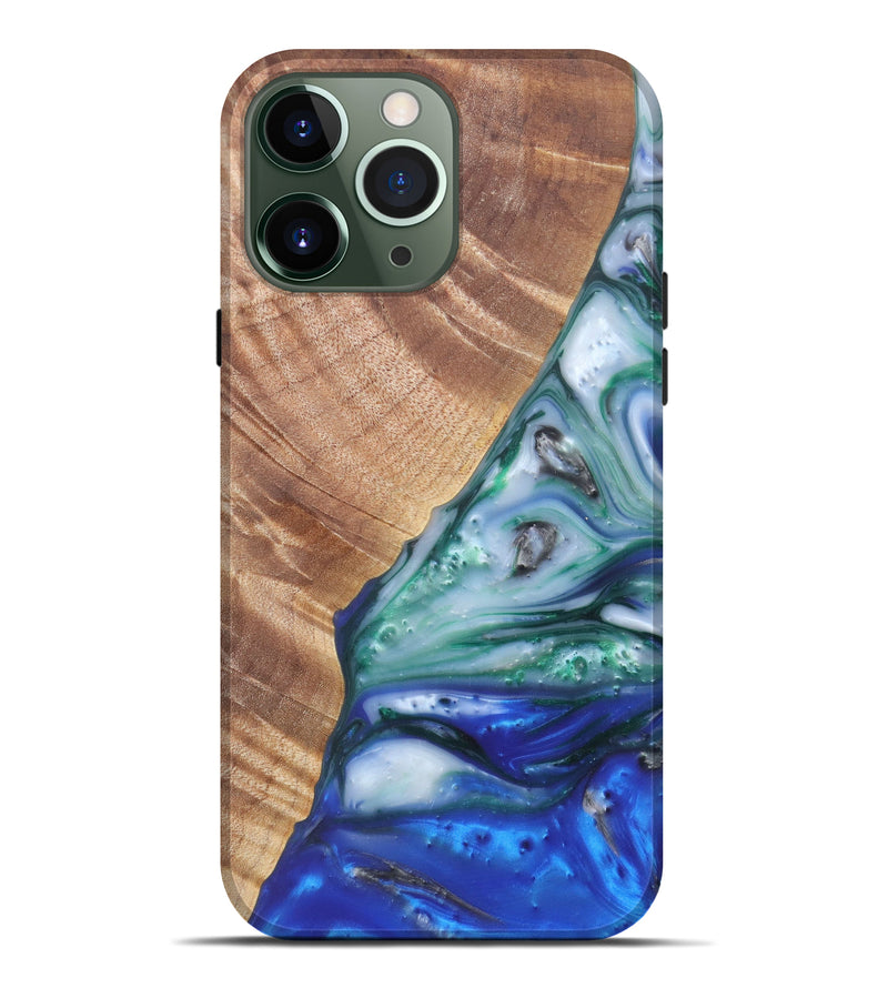 iPhone 13 Pro Max Wood+Resin Live Edge Phone Case - Sky (Dark Green, 607114)
