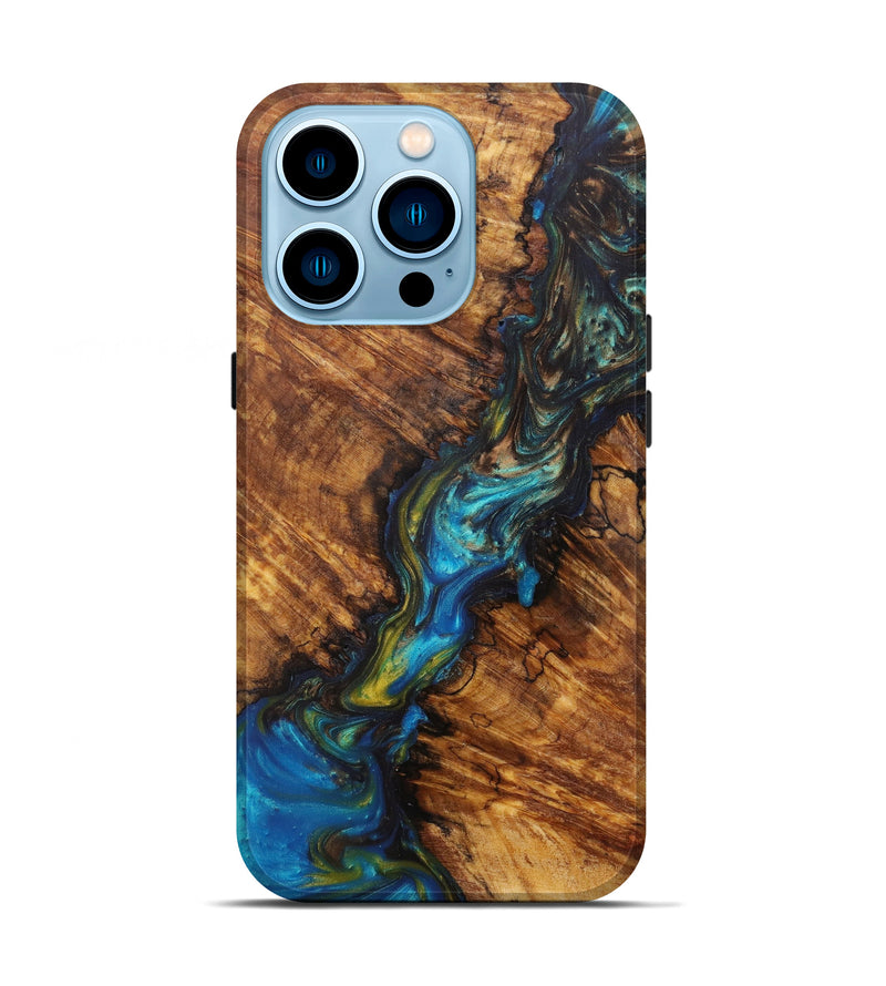 iPhone 14 Pro Wood+Resin Live Edge Phone Case - Nariko (Teal & Gold, 597256)
