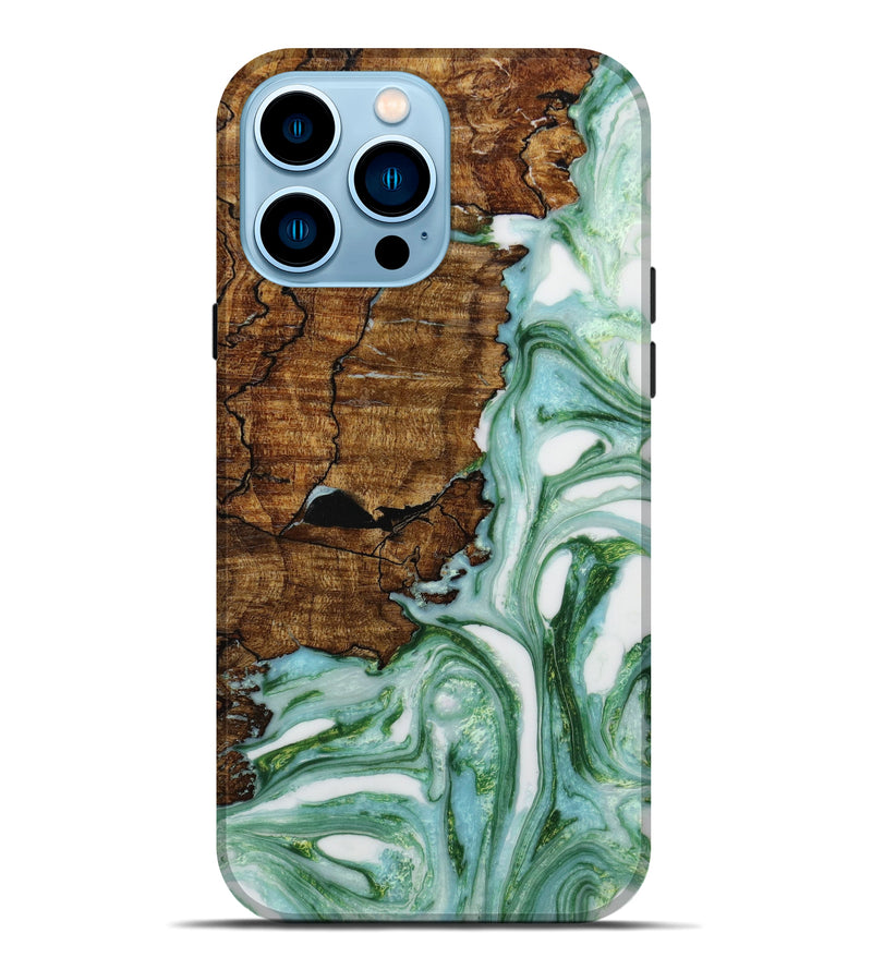 iPhone 14 Pro Max Wood+Resin Live Edge Phone Case - Matthew (Green, 648573)