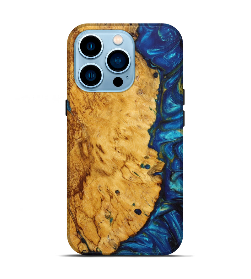iPhone 14 Pro Wood+Resin Live Edge Phone Case - Jasmin (Teal & Gold, 639108)