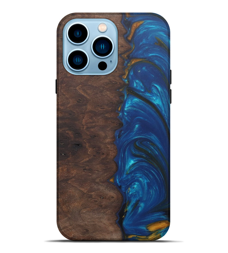 iPhone 14 Pro Max Wood+Resin Live Edge Phone Case - Hrinfo (Teal & Gold, 592340)