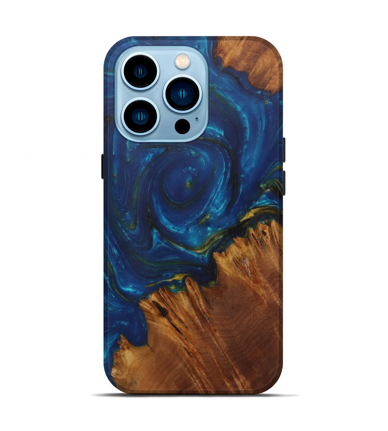 iPhone 14 Pro Wood+Resin Live Edge Phone Case - Melody (Teal & Gold, 587782)