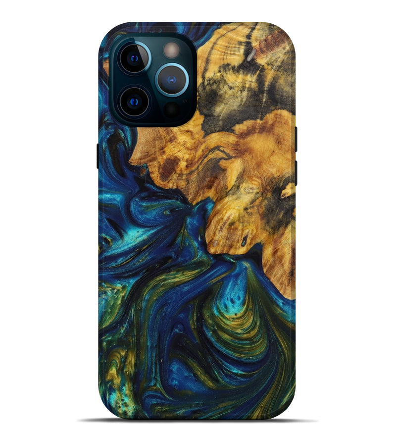 iPhone 12 Pro Max Wood+Resin Live Edge Phone Case - Sydney (Teal & Gold, 642265)