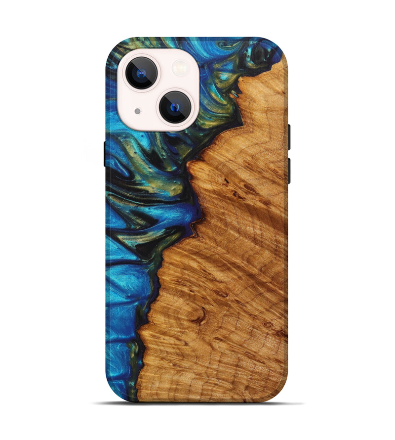 iPhone 13 Wood+Resin Live Edge Phone Case - Lissette (Teal & Gold, 627215)