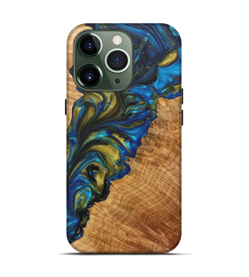 iPhone 13 Pro Wood+Resin Live Edge Phone Case - Danae (Teal & Gold, 632214)