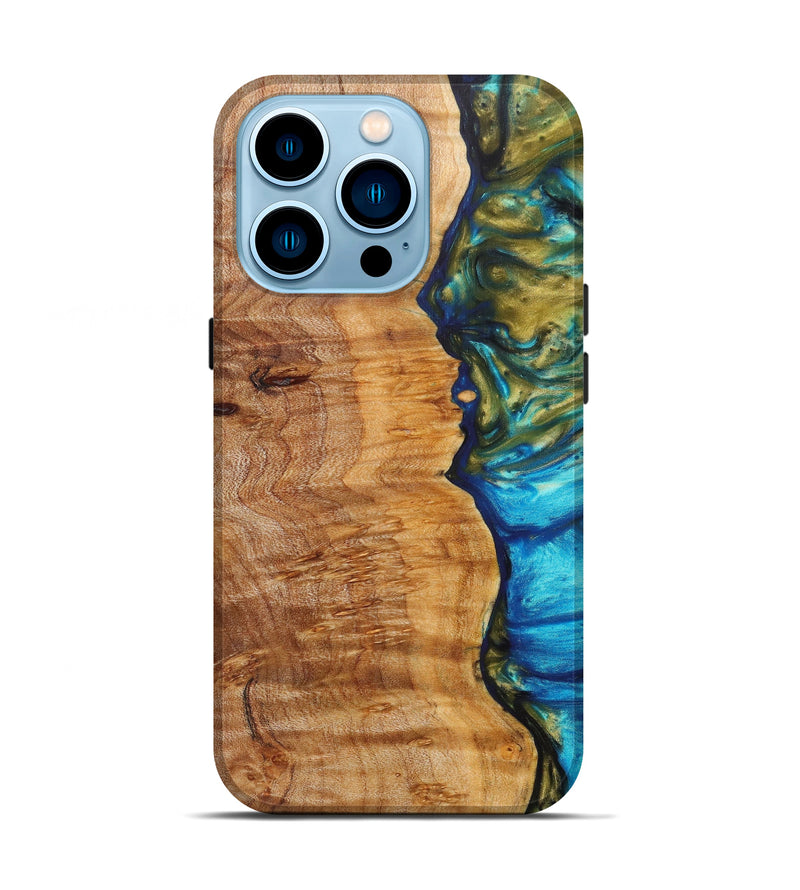 iPhone 14 Pro Wood+Resin Live Edge Phone Case - Keira (Teal & Gold, 627220)