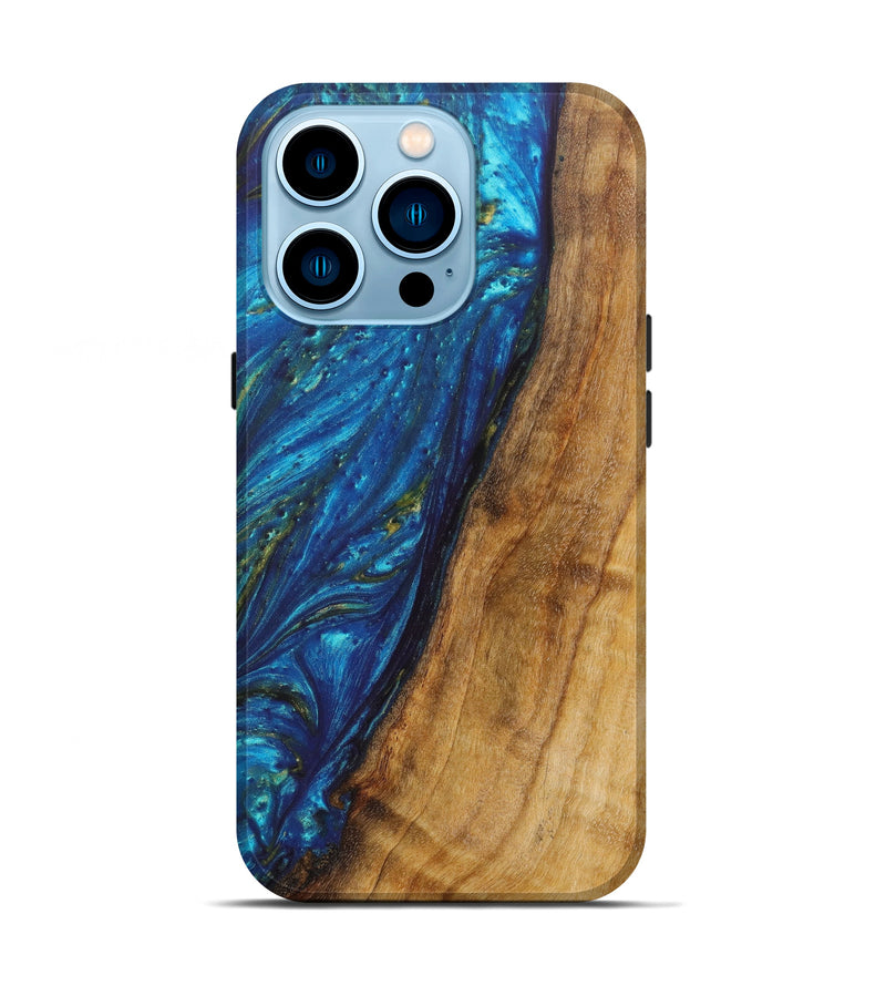 iPhone 14 Pro Wood+Resin Live Edge Phone Case - Lluvia (Teal & Gold, 620758)