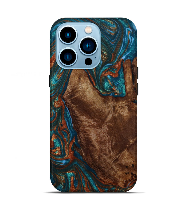 iPhone 14 Pro Wood+Resin Live Edge Phone Case - Jacob (Teal & Gold, 647614)