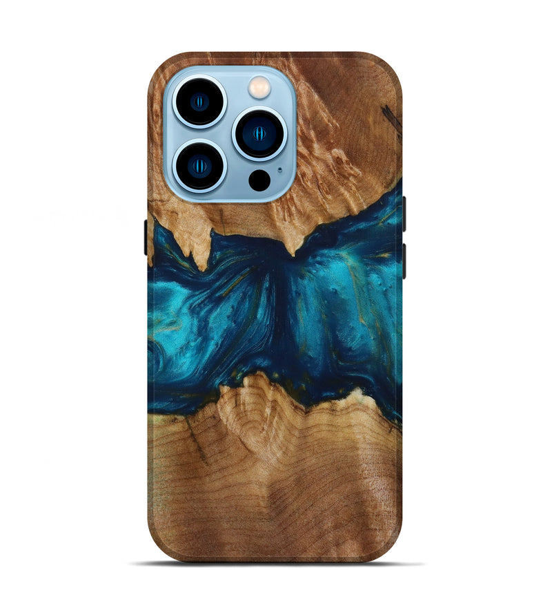 iPhone 14 Pro Wood+Resin Live Edge Phone Case - Lennon (Teal & Gold, 643071)