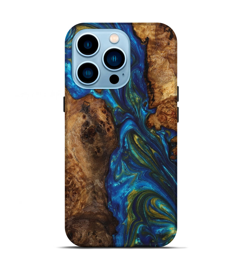 iPhone 14 Pro Wood+Resin Live Edge Phone Case - Cletus (Teal & Gold, 631558)