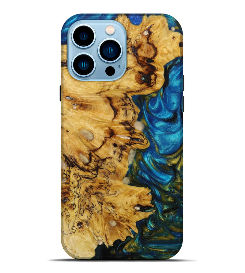 iPhone 14 Pro Max Wood+Resin Live Edge Phone Case - Sophie (Teal & Gold, 642466)