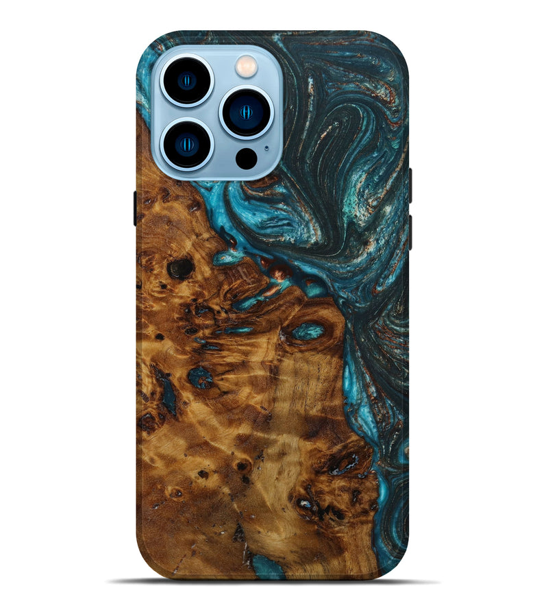 iPhone 14 Pro Max Wood+Resin Live Edge Phone Case - Lula (Teal & Gold, 646724)