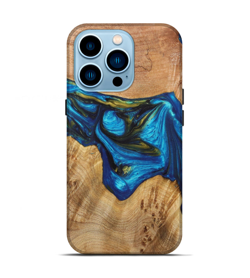 iPhone 14 Pro Wood+Resin Live Edge Phone Case - Waylon (Teal & Gold, 628537)