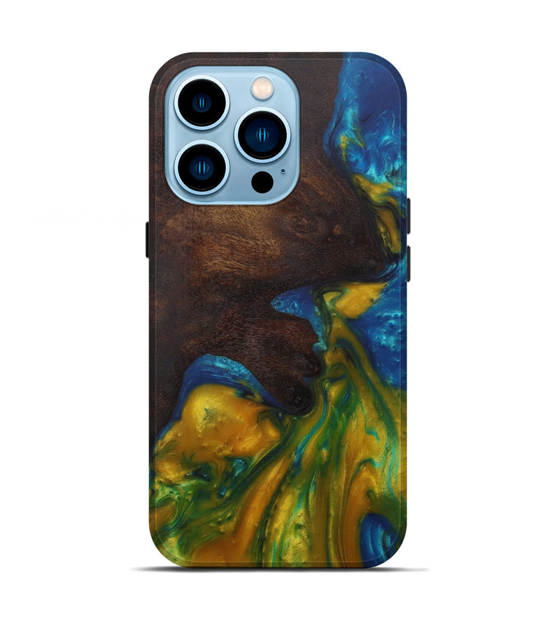 iPhone 14 Pro Wood+Resin Live Edge Phone Case - Marjorie (Teal & Gold, 586097)