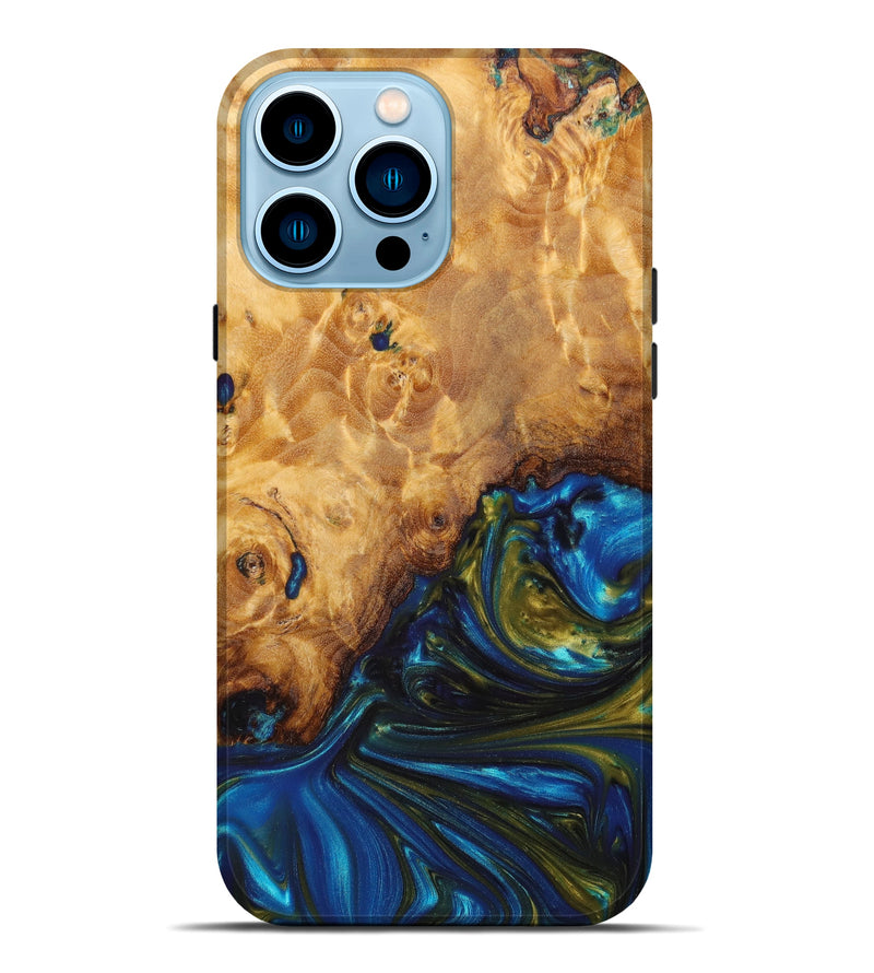iPhone 14 Pro Max Wood+Resin Live Edge Phone Case - Krystyna (Teal & Gold, 633827)