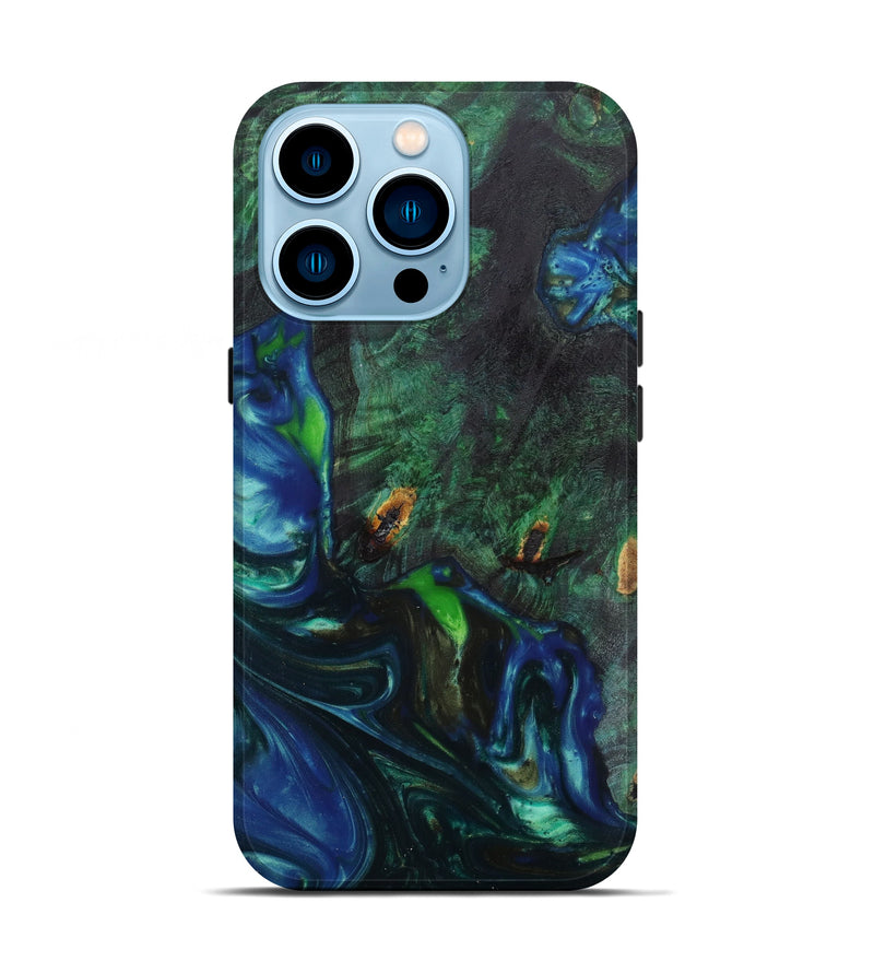 iPhone 14 Pro Wood+Resin Live Edge Phone Case - May (Teal & Gold, 641704)