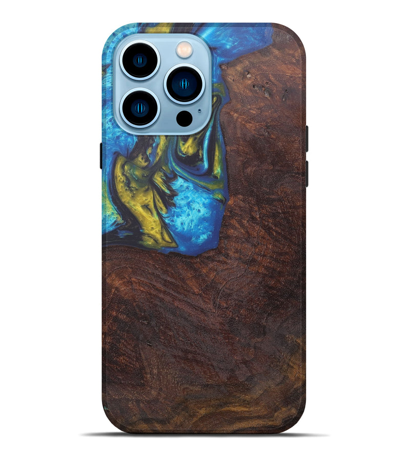 iPhone 14 Pro Max Wood+Resin Live Edge Phone Case - Leeanne (Teal & Gold, 606848)