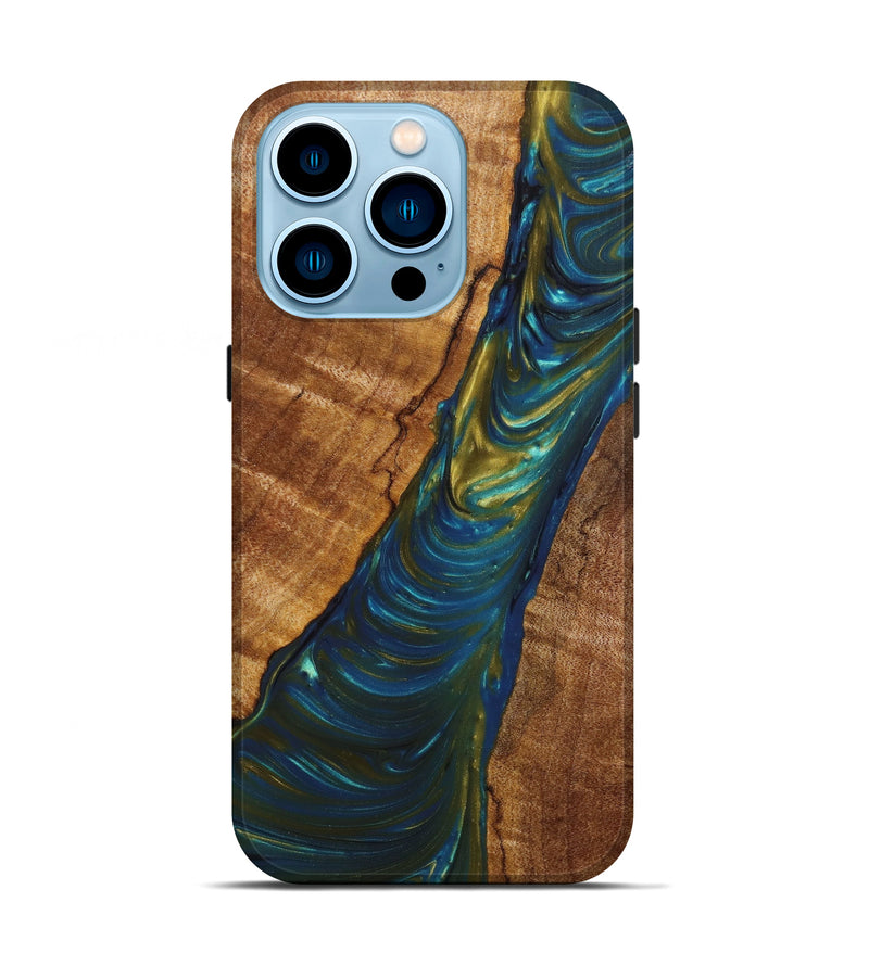 iPhone 14 Pro Wood+Resin Live Edge Phone Case - Daphne (Teal & Gold, 633122)