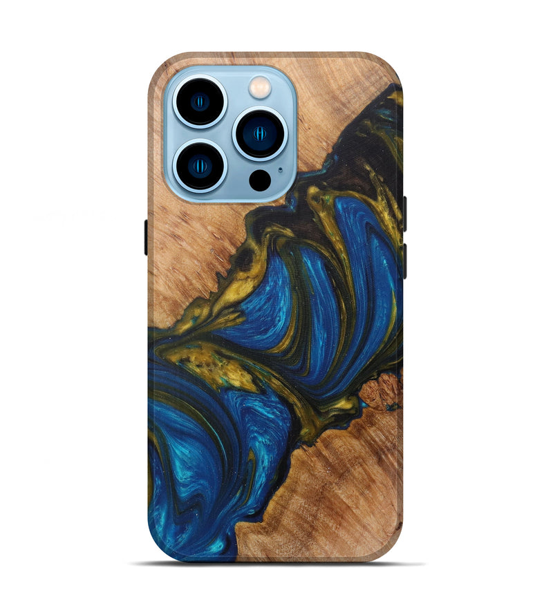 iPhone 14 Pro Wood+Resin Live Edge Phone Case - Grace (Teal & Gold, 590655)