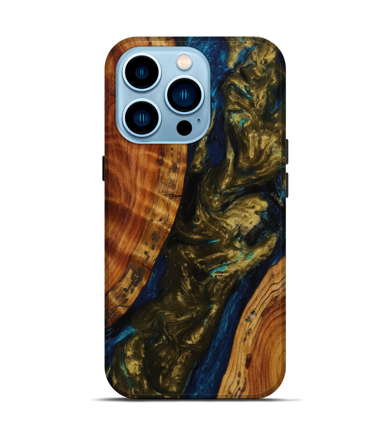 iPhone 14 Pro Wood+Resin Live Edge Phone Case - Madyson (Teal & Gold, 644314)