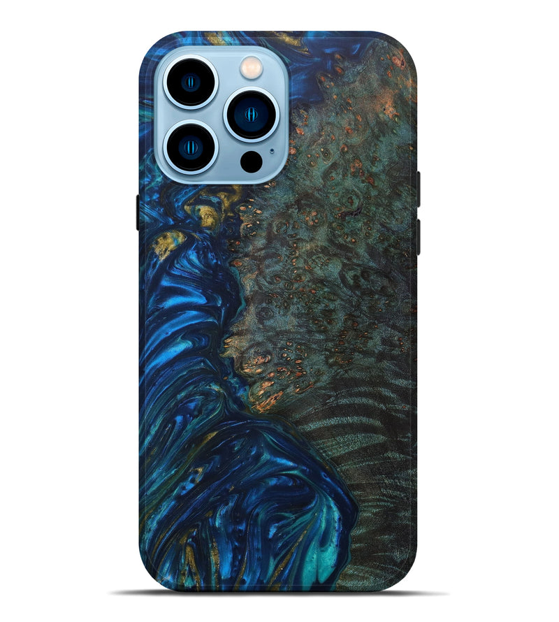 iPhone 14 Pro Max Wood+Resin Live Edge Phone Case - Stacee (Teal & Gold, 633273)