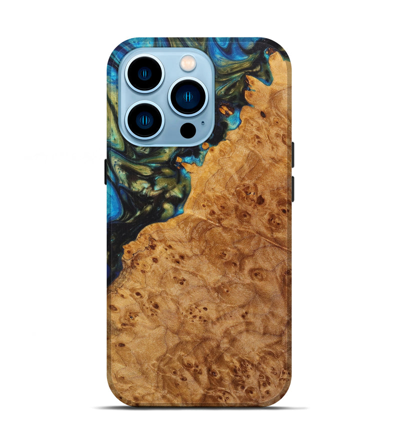 iPhone 14 Pro Wood+Resin Live Edge Phone Case - Kenyon (Teal & Gold, 627402)