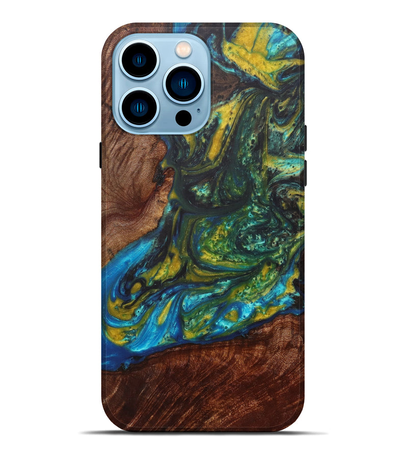 iPhone 14 Pro Max Wood+Resin Live Edge Phone Case - Thor (Teal & Gold, 596287)