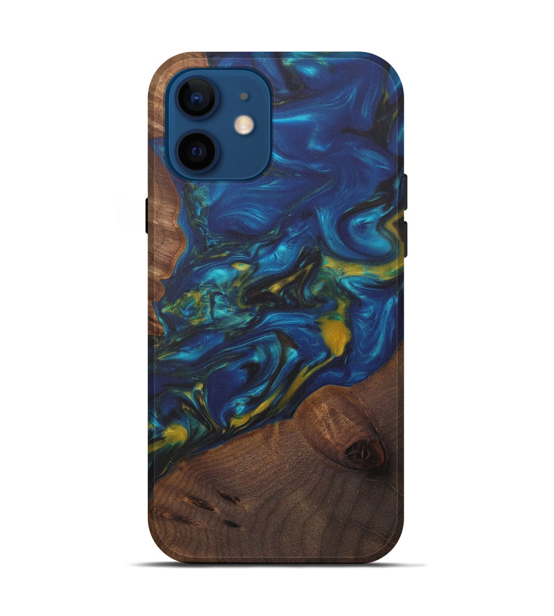 iPhone 12 Wood+Resin Live Edge Phone Case - Elana (Teal & Gold, 574852)
