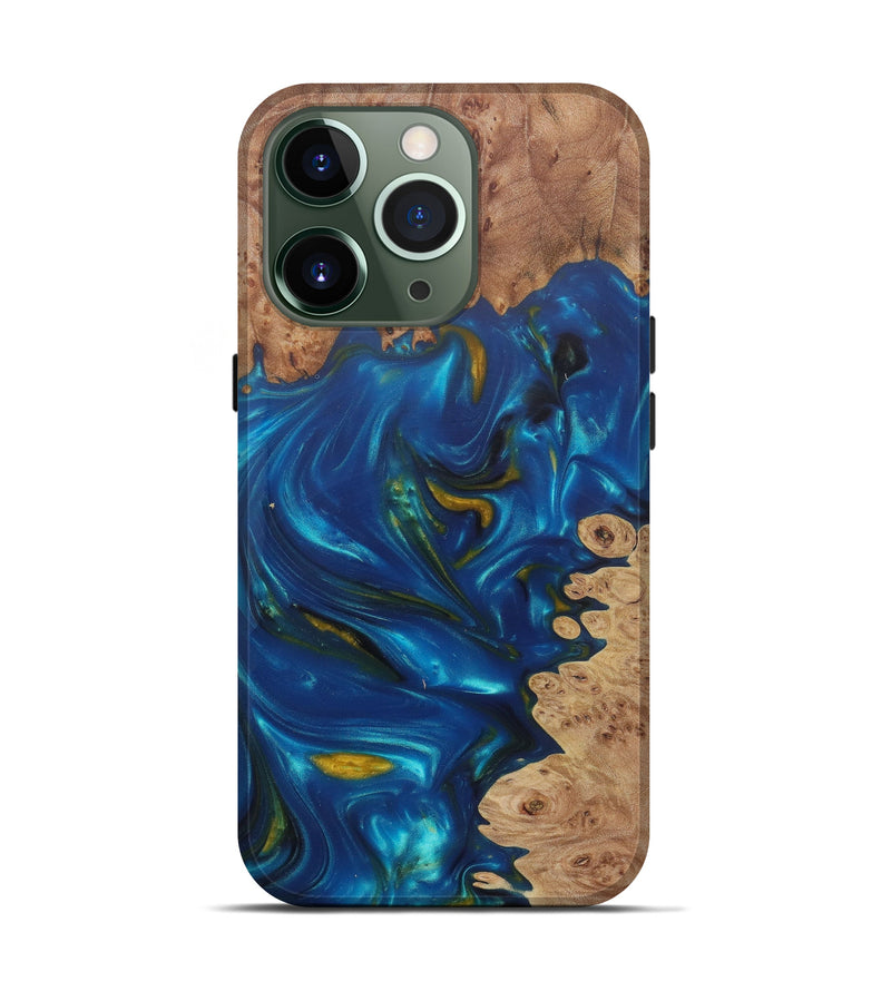 iPhone 13 Pro Wood+Resin Live Edge Phone Case - Mauro (Teal & Gold, 577467)