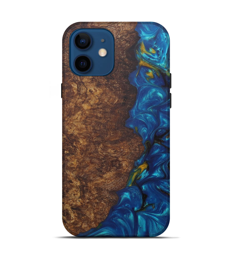 iPhone 12 Wood+Resin Live Edge Phone Case - Yussuf (Teal & Gold, 581683)
