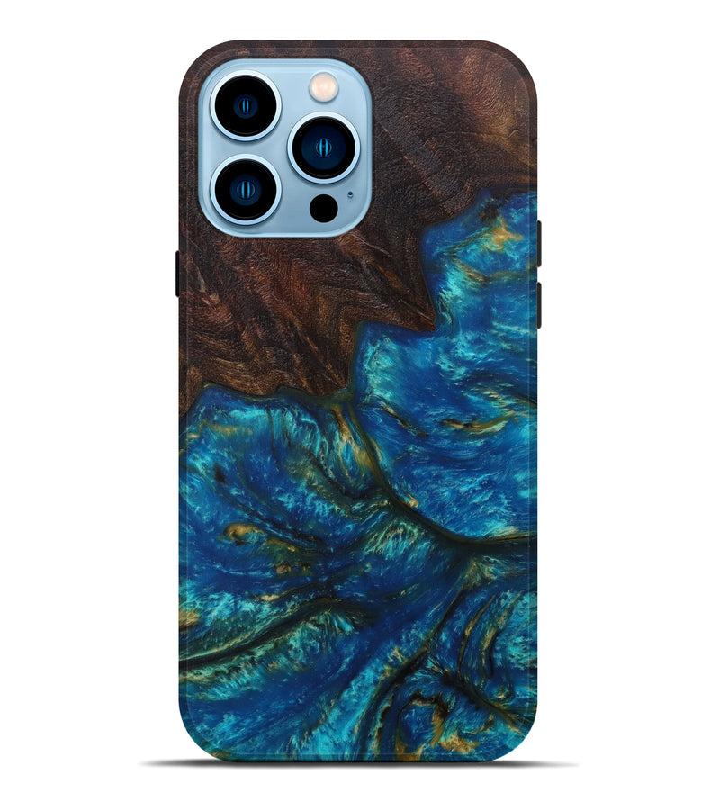 iPhone 14 Pro Max Wood+Resin Live Edge Phone Case - Demetris (Teal & Gold, 590676)