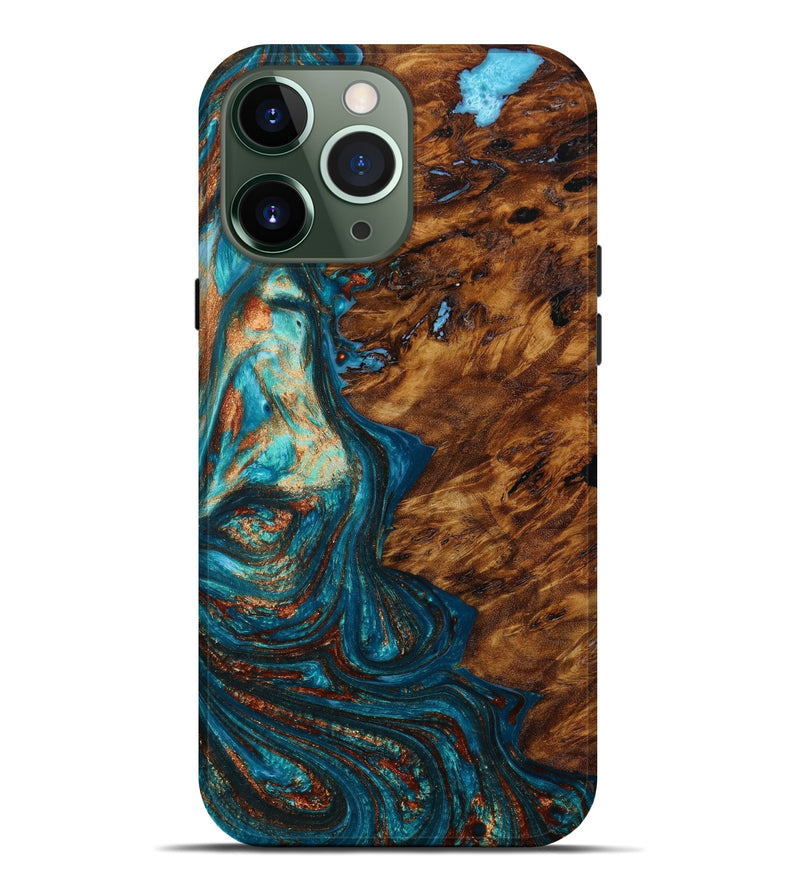 iPhone 13 Pro Max Wood+Resin Live Edge Phone Case - Zander (Teal & Gold, 646521)