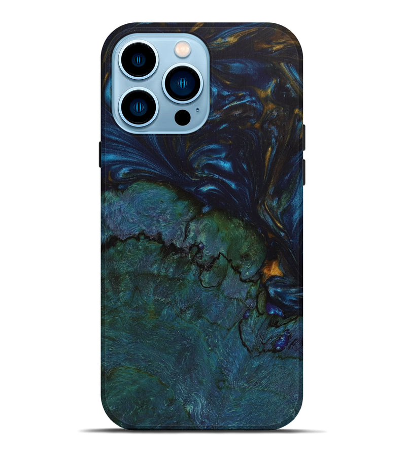 iPhone 14 Pro Max Wood+Resin Live Edge Phone Case - Cierra (Teal & Gold, 637039)