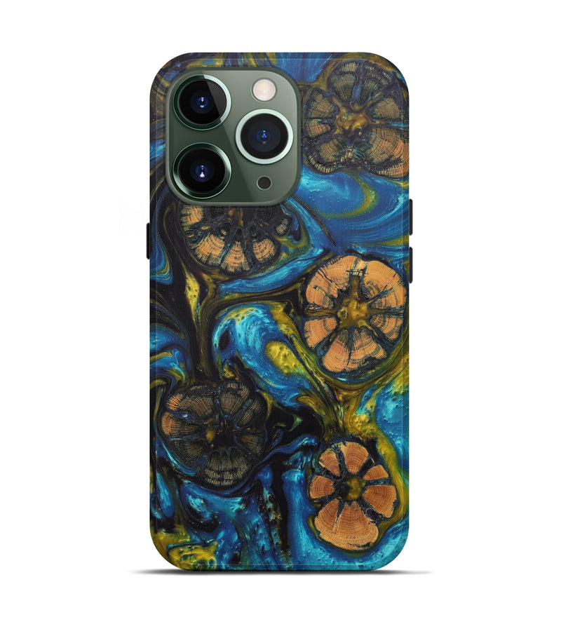 iPhone 13 Pro Wood+Resin Live Edge Phone Case - Mahmoud (Teal & Gold, 605206)