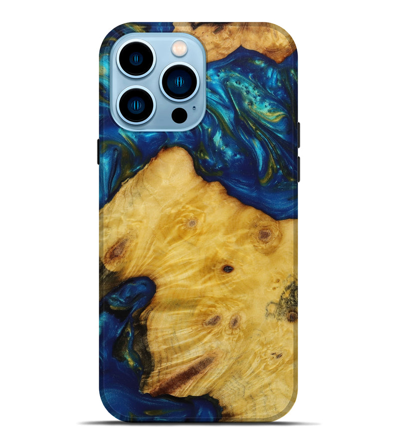 iPhone 14 Pro Max Wood+Resin Live Edge Phone Case - Mario (Teal & Gold, 642852)