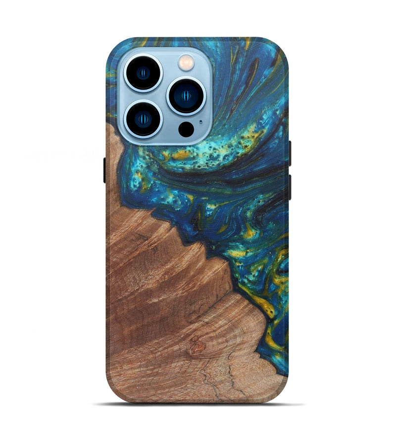 iPhone 14 Pro Wood+Resin Live Edge Phone Case - Ramon (Teal & Gold, 590643)