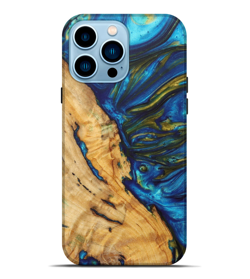 iPhone 14 Pro Max Wood+Resin Live Edge Phone Case - Curt (Teal & Gold, 631877)