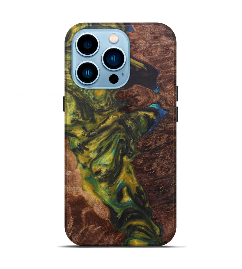 iPhone 14 Pro Wood+Resin Live Edge Phone Case - Ireland (Teal & Gold, 602534)