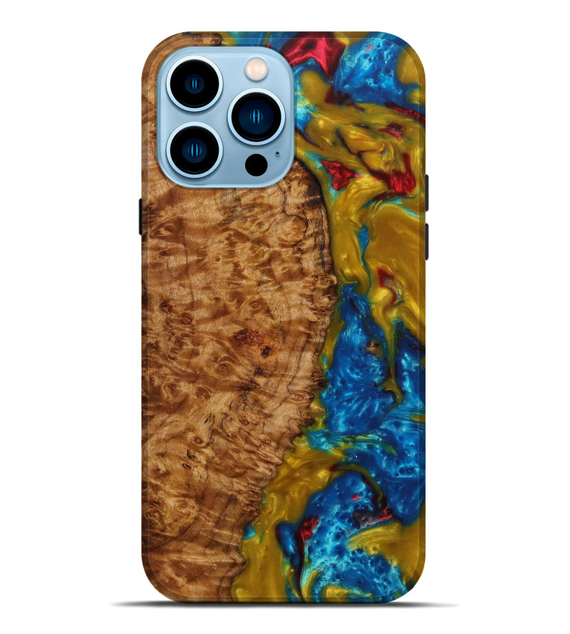 iPhone 14 Pro Max Wood+Resin Live Edge Phone Case - Naya (Teal & Gold, 610805)