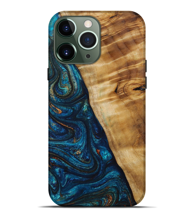 iPhone 13 Pro Max Wood+Resin Live Edge Phone Case - Doreen (Teal & Gold, 647808)