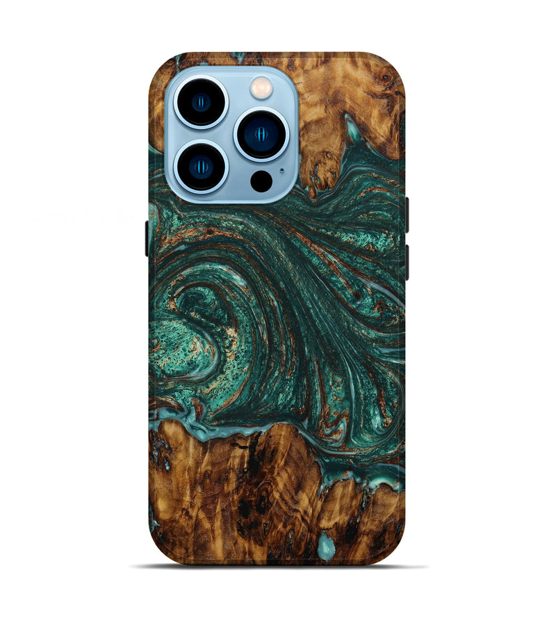 iPhone 14 Pro Wood+Resin Live Edge Phone Case - Fiona (Teal & Gold, 645983)