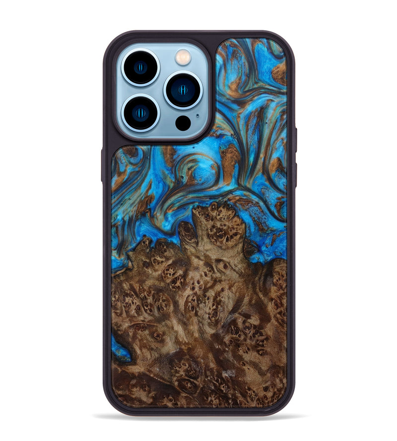 iPhone 14 Pro Max Wood+Resin Phone Case - Flora (Teal & Gold, 601958)