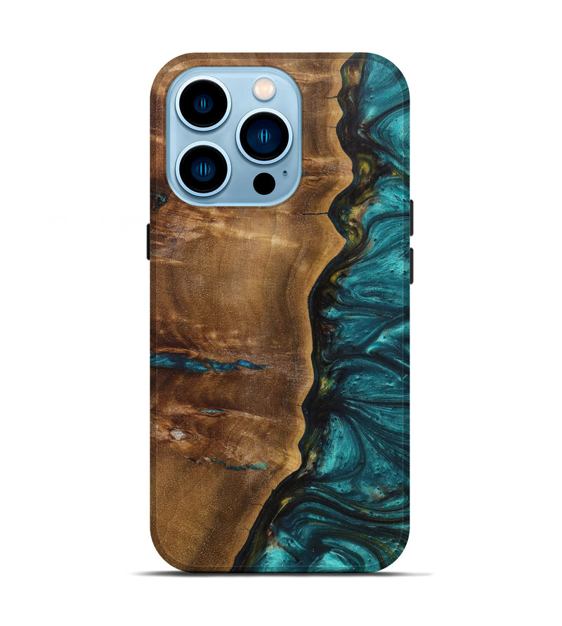 iPhone 14 Pro Wood+Resin Live Edge Phone Case - Omari (Teal & Gold, 621632)