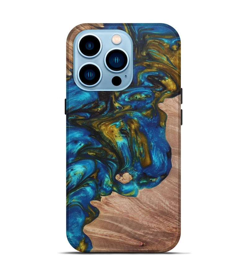 iPhone 14 Pro Wood+Resin Live Edge Phone Case - Fran (Teal & Gold, 581694)