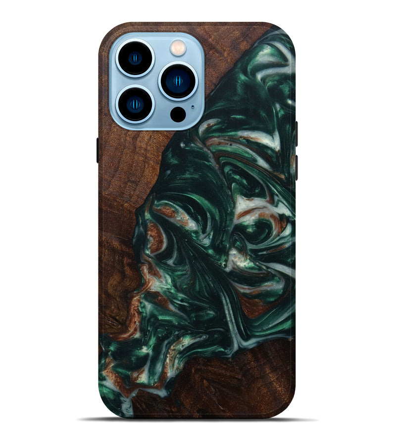 iPhone 14 Pro Max Wood+Resin Live Edge Phone Case - Sari (Dark Green, 596610)