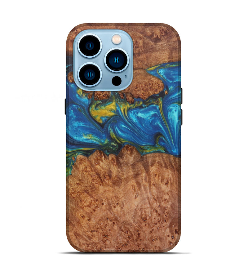 iPhone 14 Pro Wood+Resin Live Edge Phone Case - Vernon (Teal & Gold, 602525)