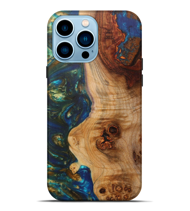 iPhone 14 Pro Max Wood+Resin Live Edge Phone Case - Fitness (Teal & Gold, 585555)