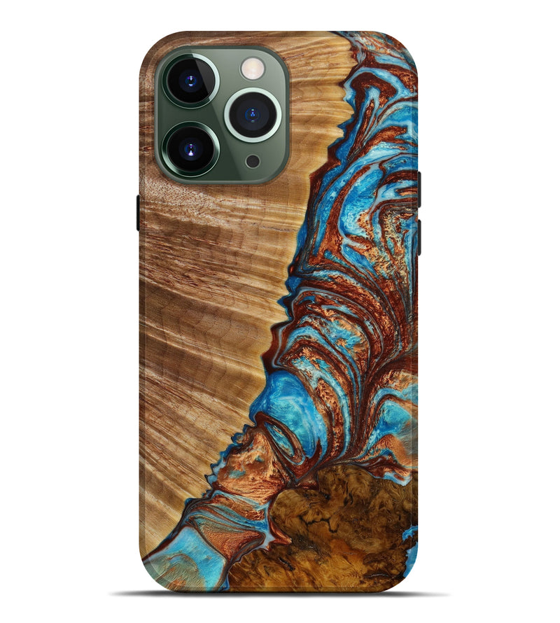 iPhone 13 Pro Max Wood+Resin Live Edge Phone Case - Molly (Teal & Gold, 648570)