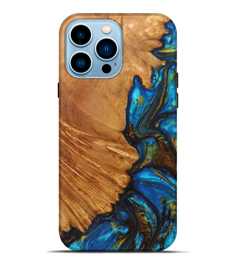 iPhone 14 Pro Max Wood+Resin Live Edge Phone Case - Perry (Teal & Gold, 604234)