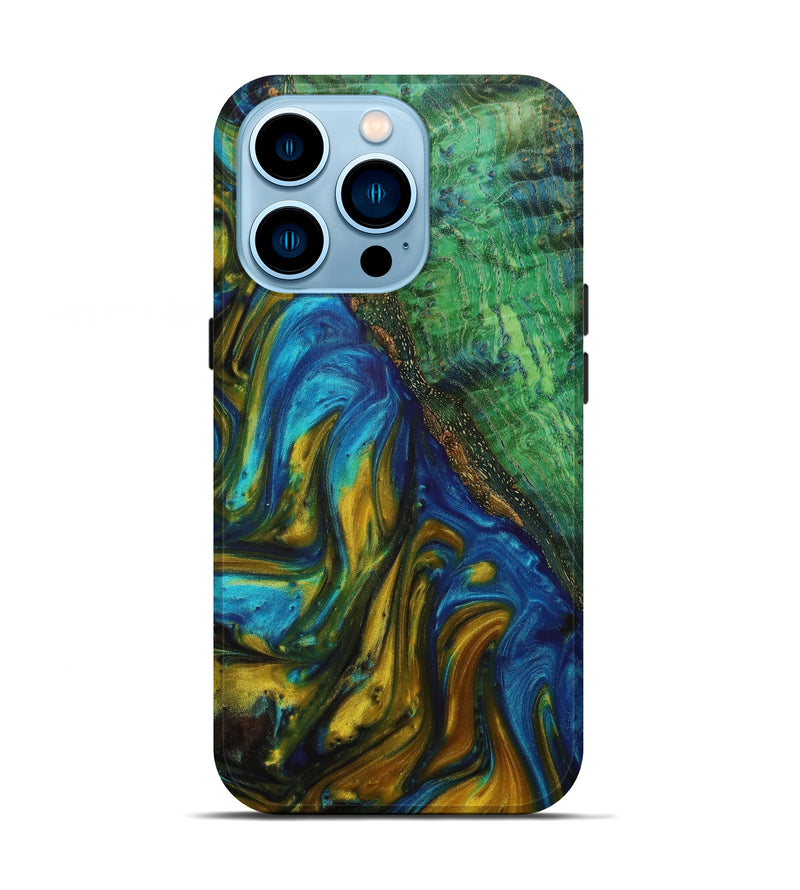 iPhone 14 Pro Wood+Resin Live Edge Phone Case - Nikolas (Teal & Gold, 622977)